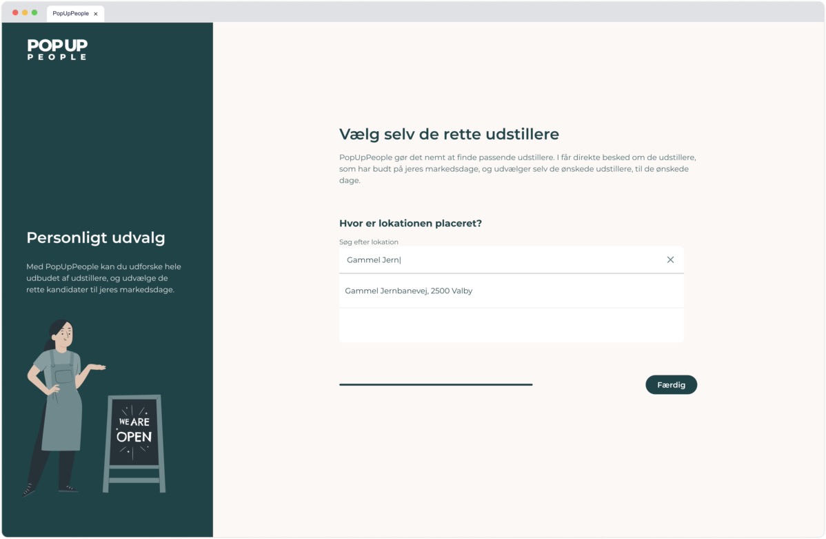 Location onboarding address search step allowing the user to type an address and select from suggestions (e.g., "Gammel Jernbanevej, 2500 Valby").